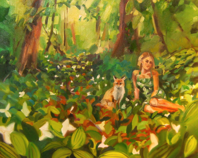 oil painting of a girl and a fox in the woods