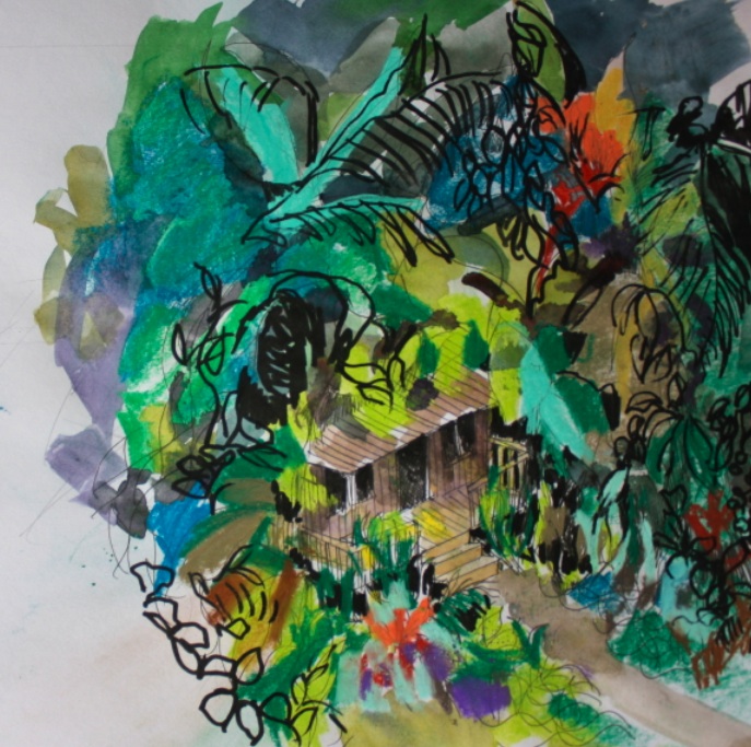 mixed media drawing of cabin in jungle