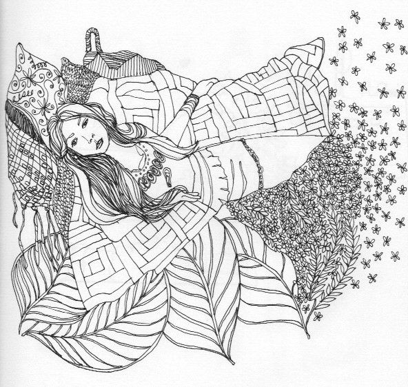 pen and ink drawing of woman in quilt nature bed leaves