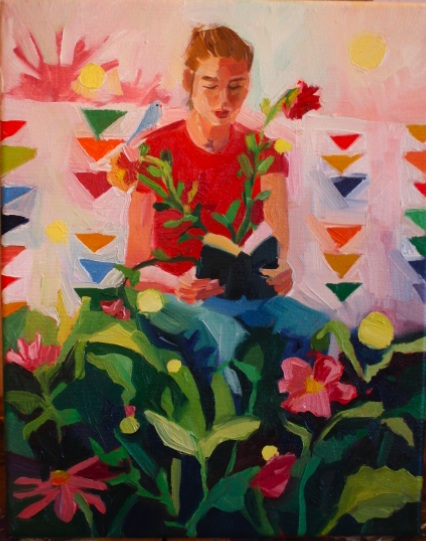 oil painting of girl reading in garden