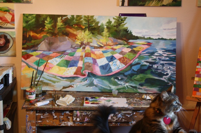 Quilted Lake in Progress, oil/canvas, 2 x 4' with kitten