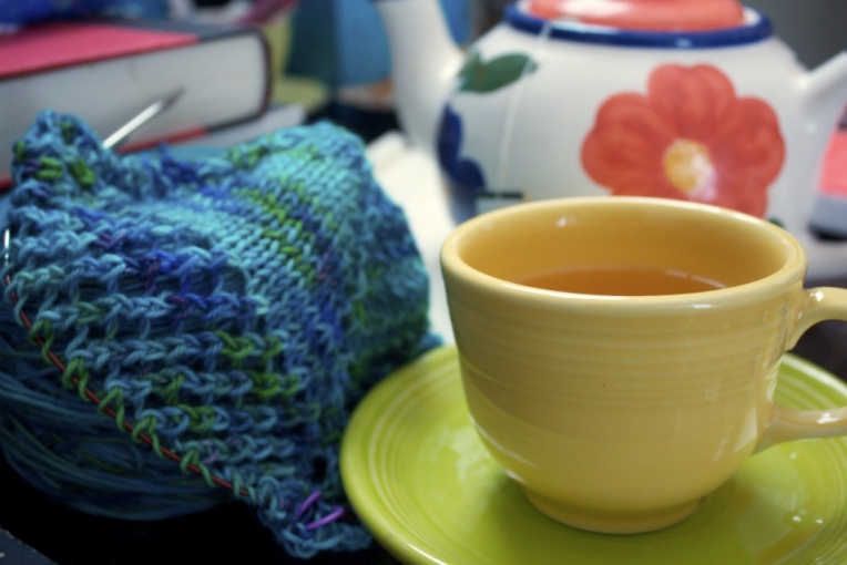 picture of tea and knitting